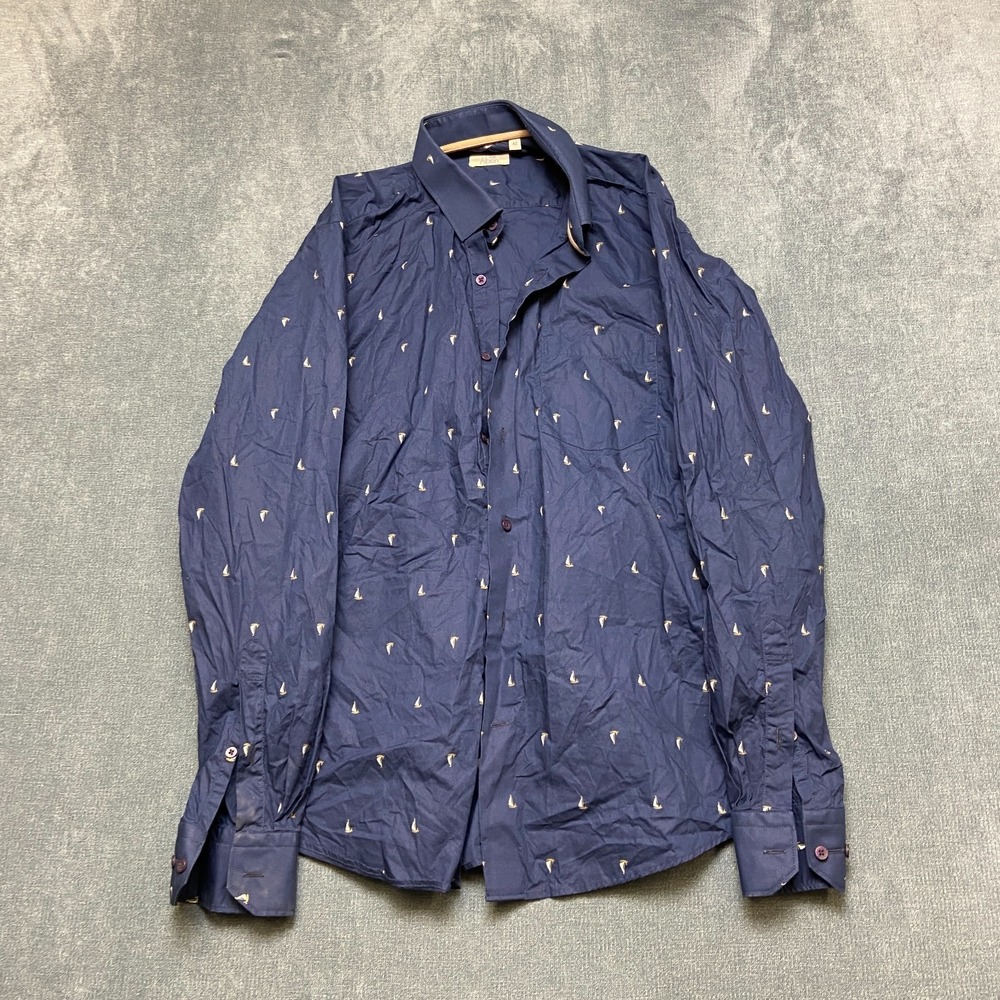 Albion Shirt Mens 42 Navy Blue Cotton Birds Print Chest Pockets Formal Button Up